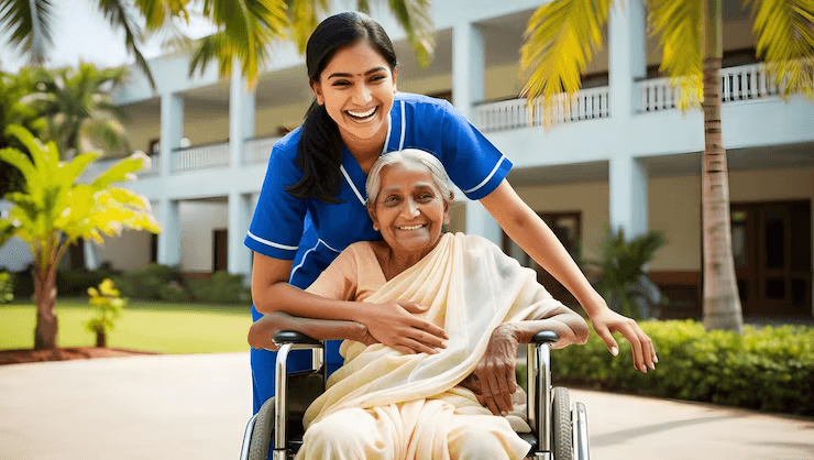 A Careway care coordinator pushing an elderly woman's wheelchair outdoors, both smiling
